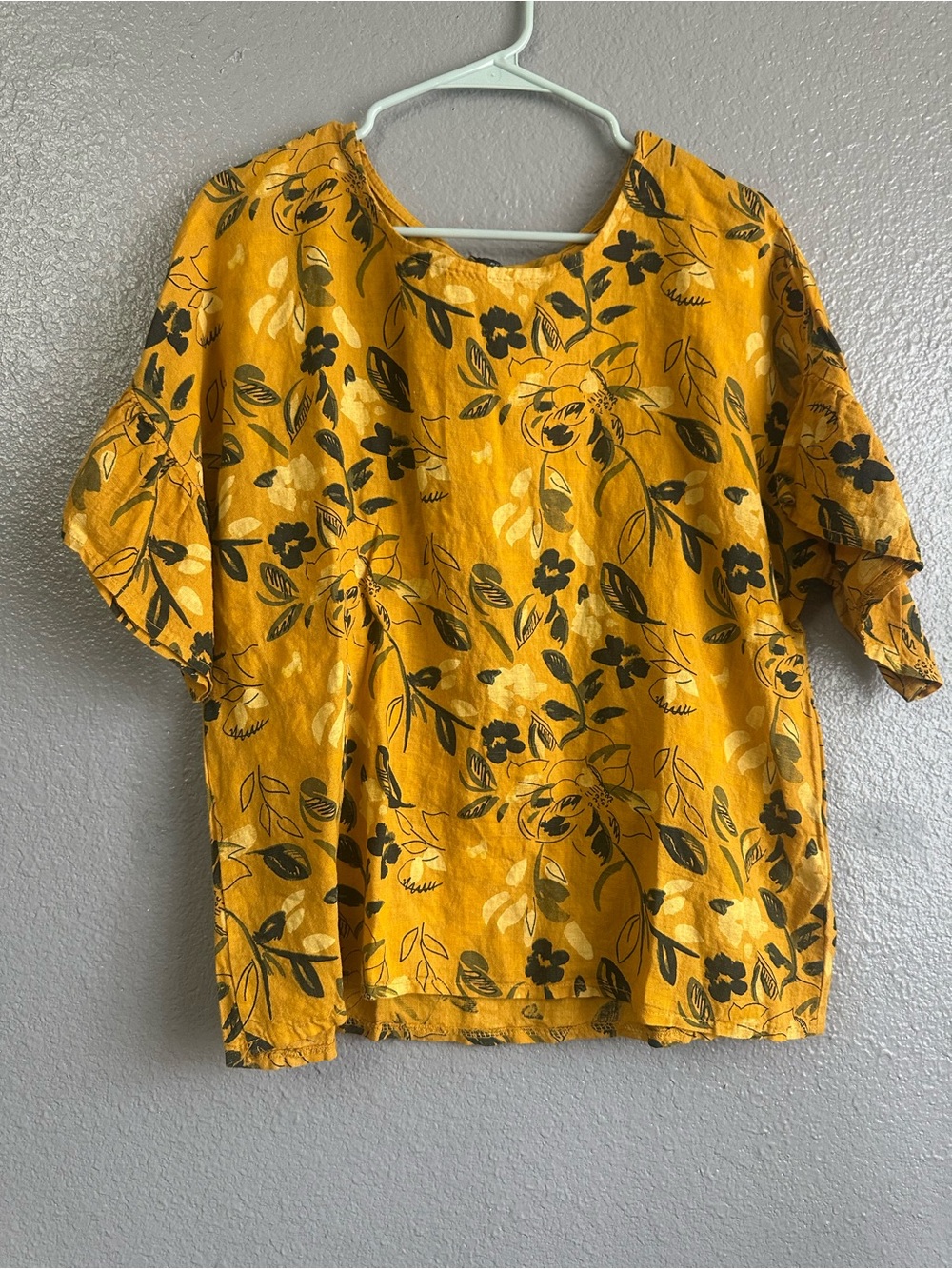 Yellow Floral Short-Sleeve Tunic Top linen size large